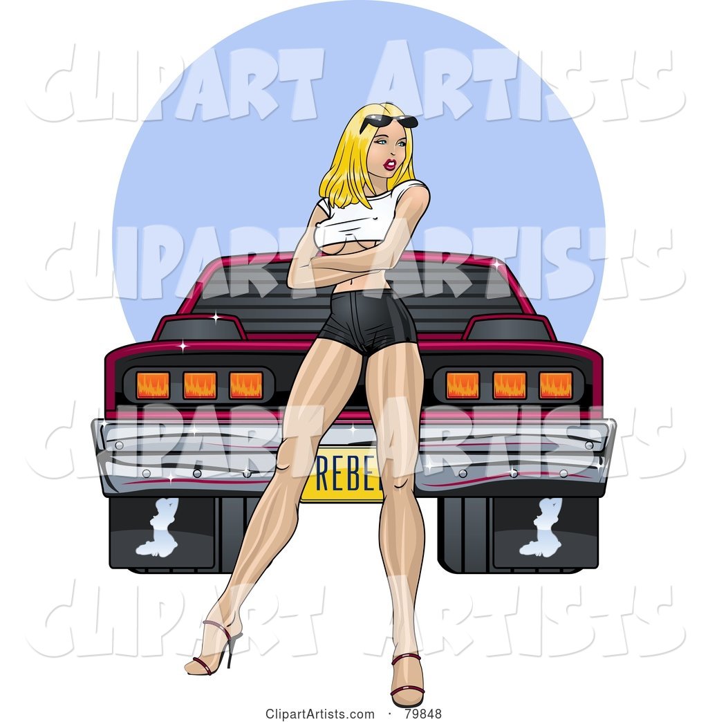 Sexy Pinup Woman Standing in Front of a Tough Muscle Car