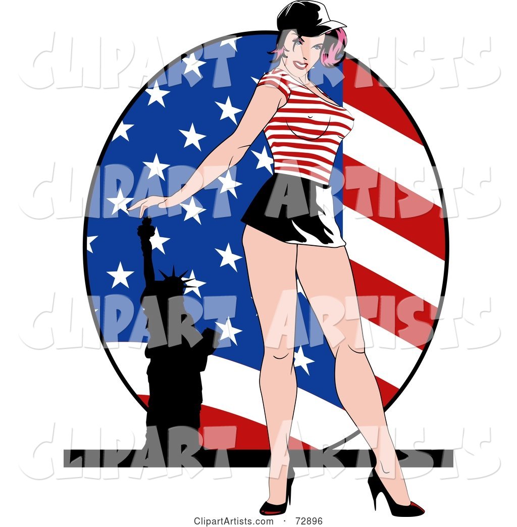 Sexy Pinup Woman Standing in Front of an American Flag