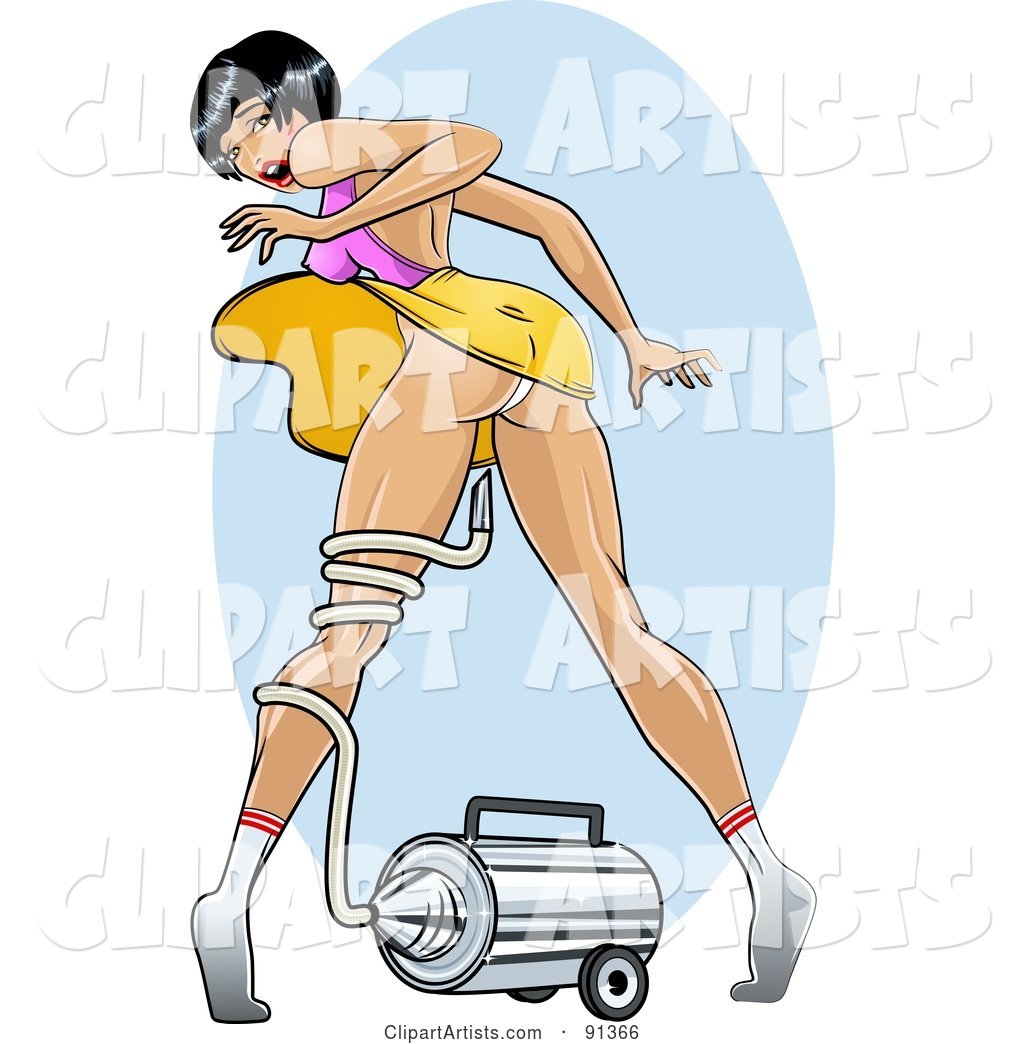 Sexy Pinup Woman Tangled in a Vacuum Hose That Is Blowing up Her Dress