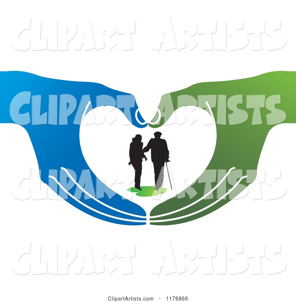 Silhouetted Caring Nurse Walking with a Man and a Cane in Green and Blue Hands