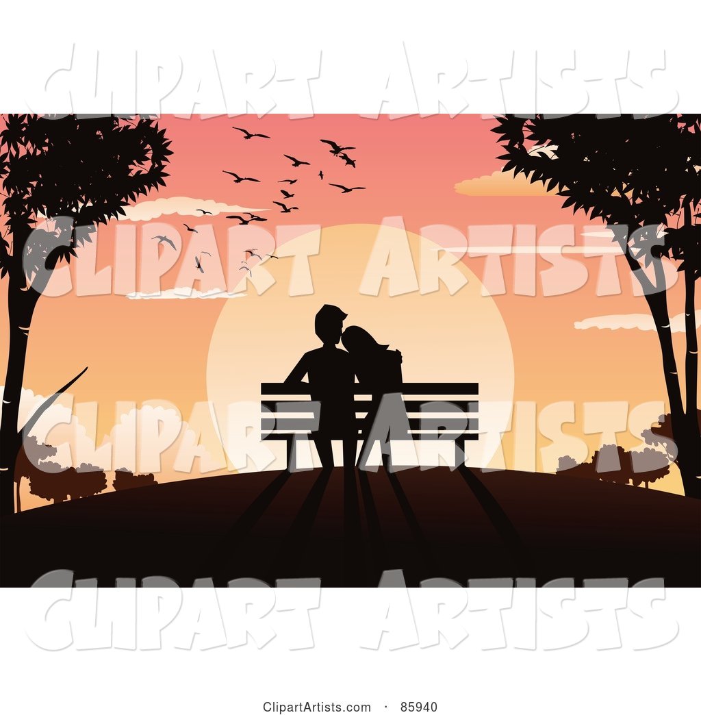 Silhouetted Couple Sitting in a Bench and Watching the Sun Set