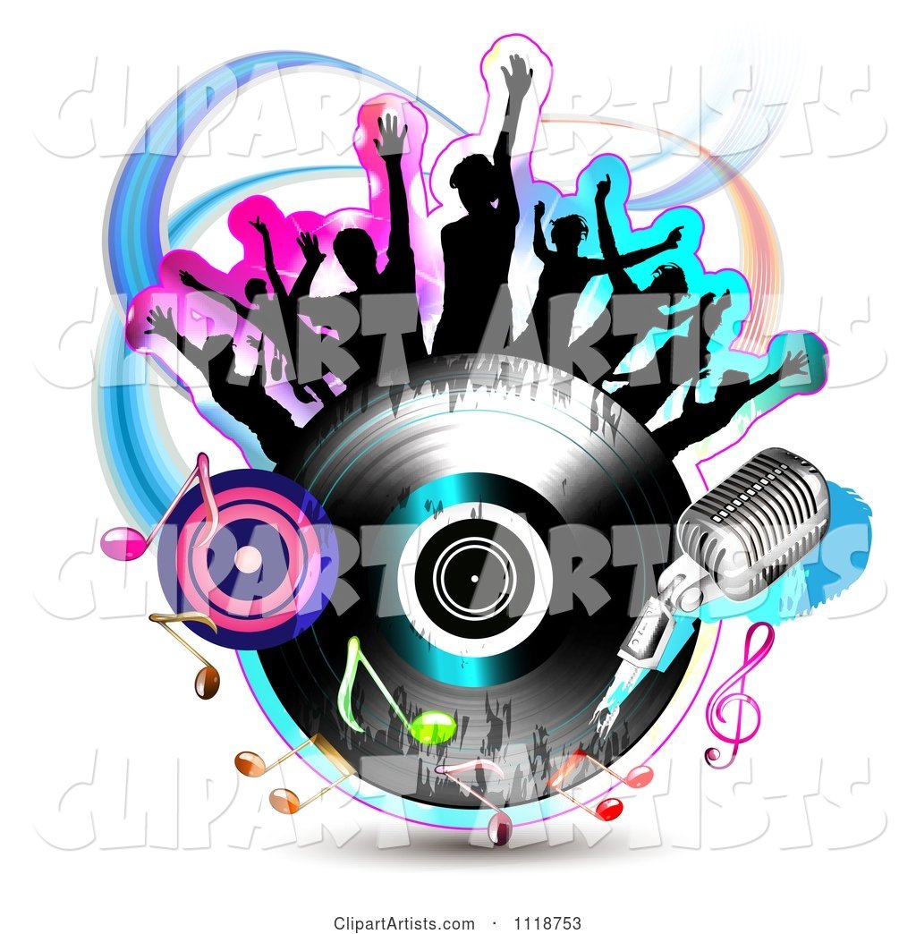 Silhouetted Dancers on a Vinyl Record with Music Notes 4