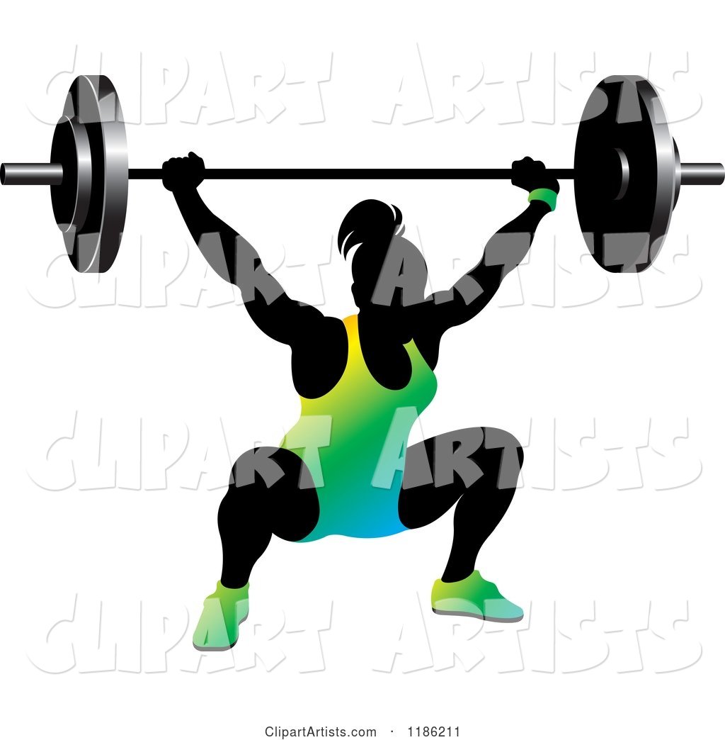Silhouetted Female Bodybuilder Lifting a Heavy Barbell and Wearing Gradient