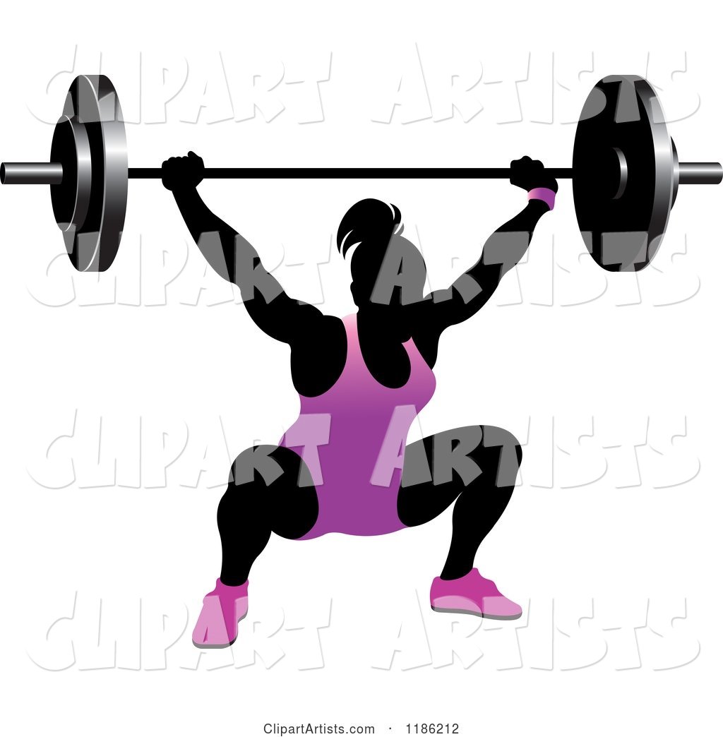 Silhouetted Female Bodybuilder Lifting a Heavy Barbell and Wearing Purple