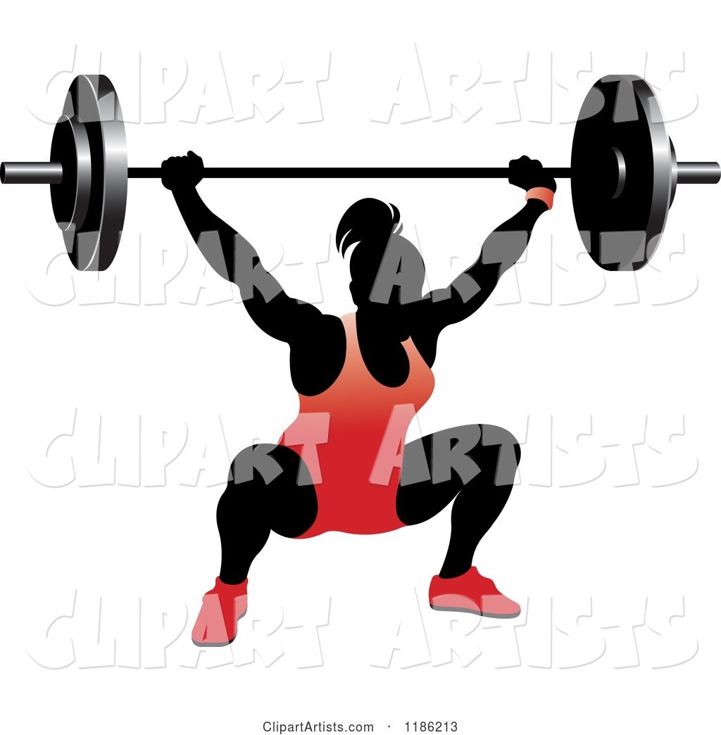 Silhouetted Female Bodybuilder Lifting a Heavy Barbell and Wearing Red