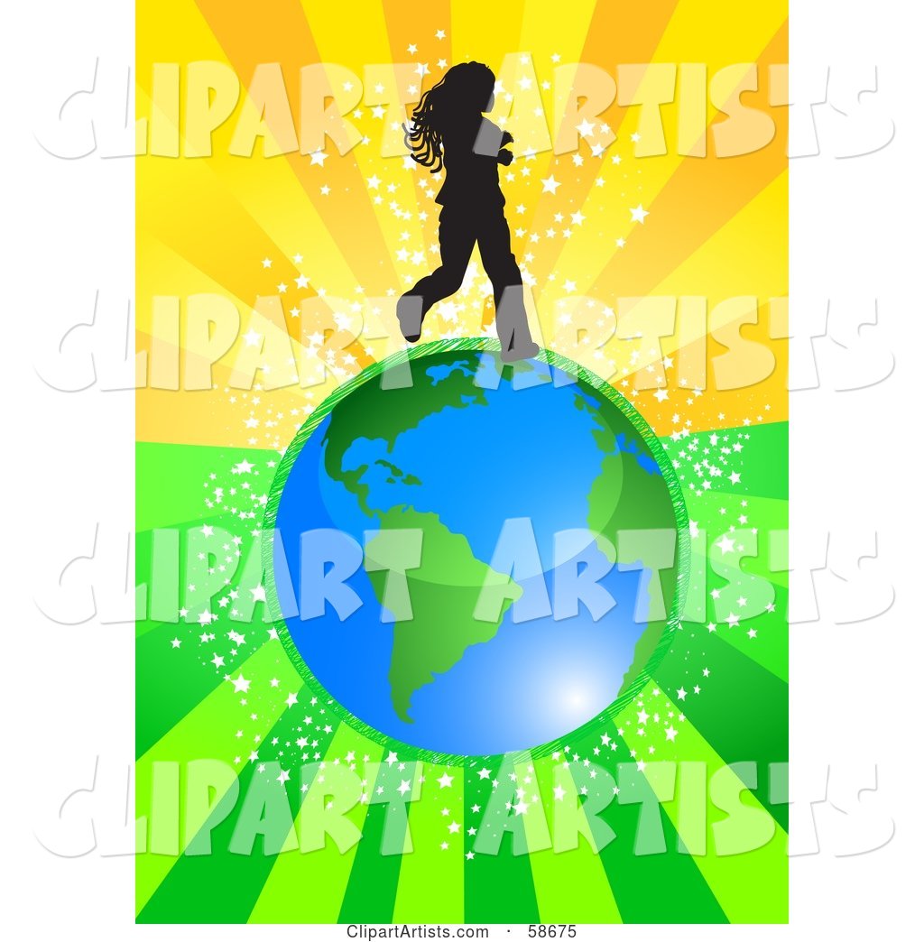 Silhouetted Girl Running over Earth, on a Bursting Green and Orange Background