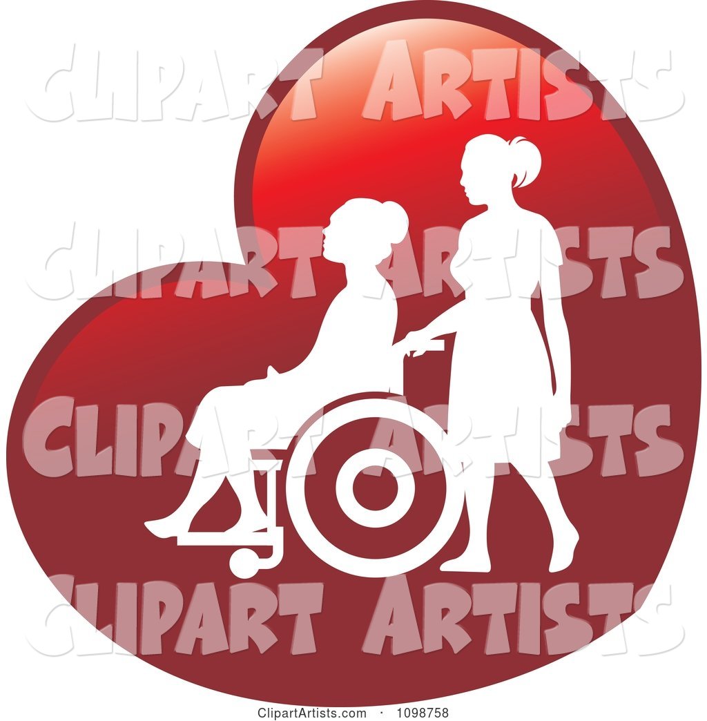 Silhouetted Nurse Helping an Elderly Woman in a Wheelchair on a Red Heart