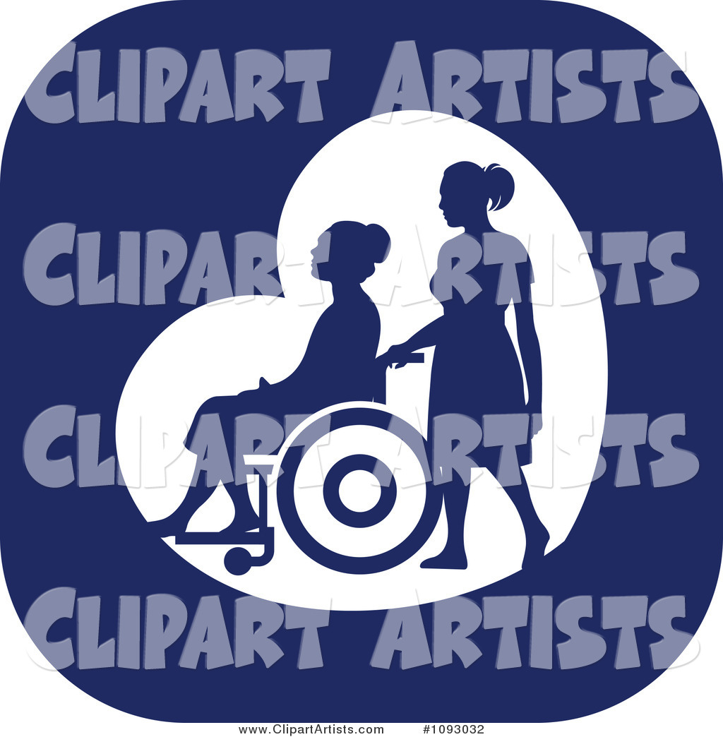 Silhouetted Nurse Helping an Elderly Woman in a Wheelchair over a Blue Square