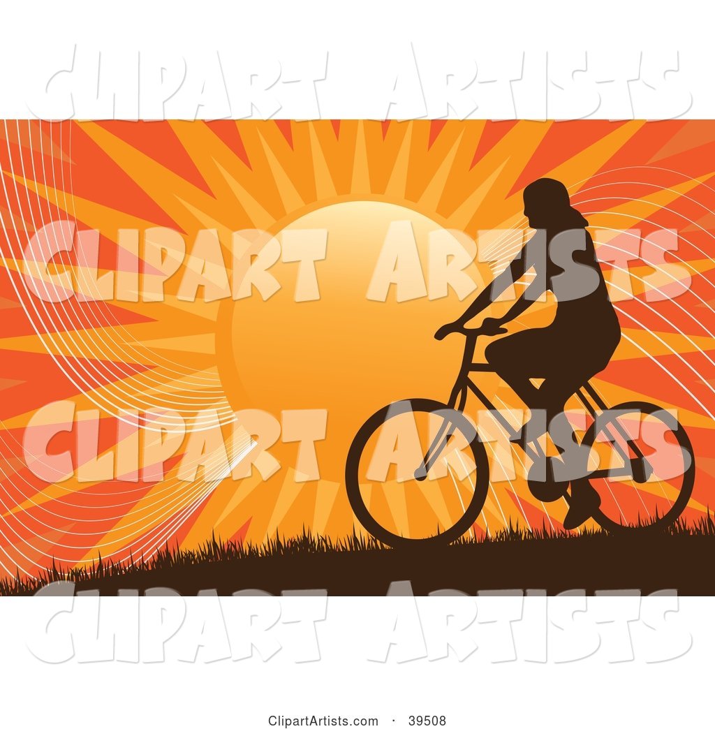 Silhouetted Woman Riding a Bicycle on a Hill Against an Orange Sunset