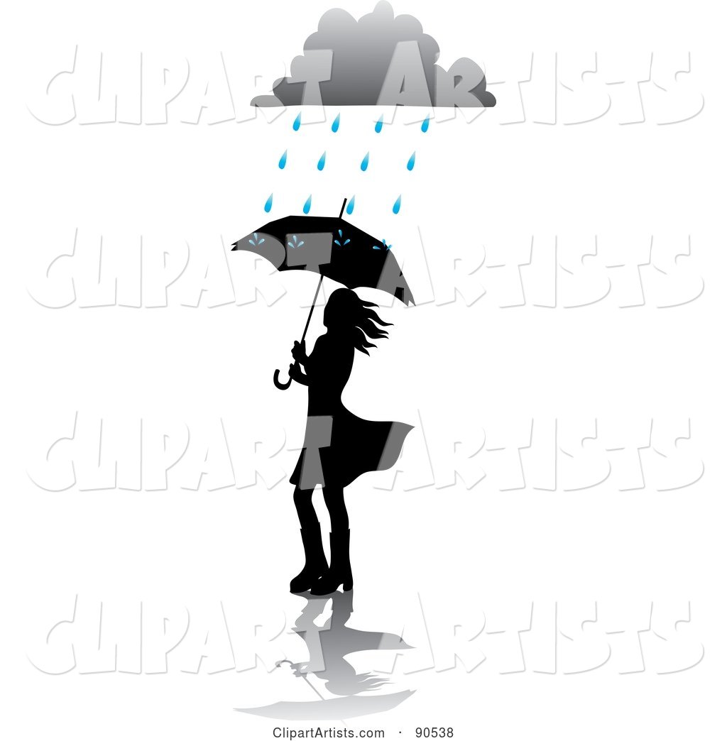 Silhouetted Woman Walking with an Umbrella Under a Rain Cloud