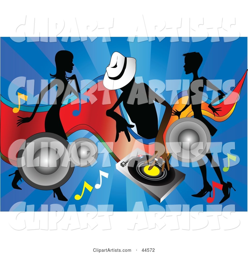 Silhouetted Women Dancing Around a DJ on a Blue Background