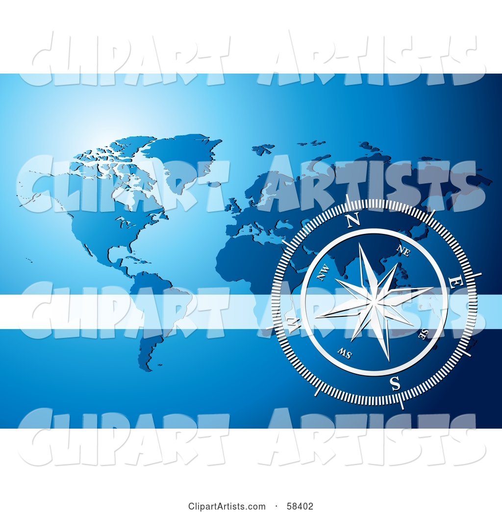 Silver Compass Rose over a Blue World Map