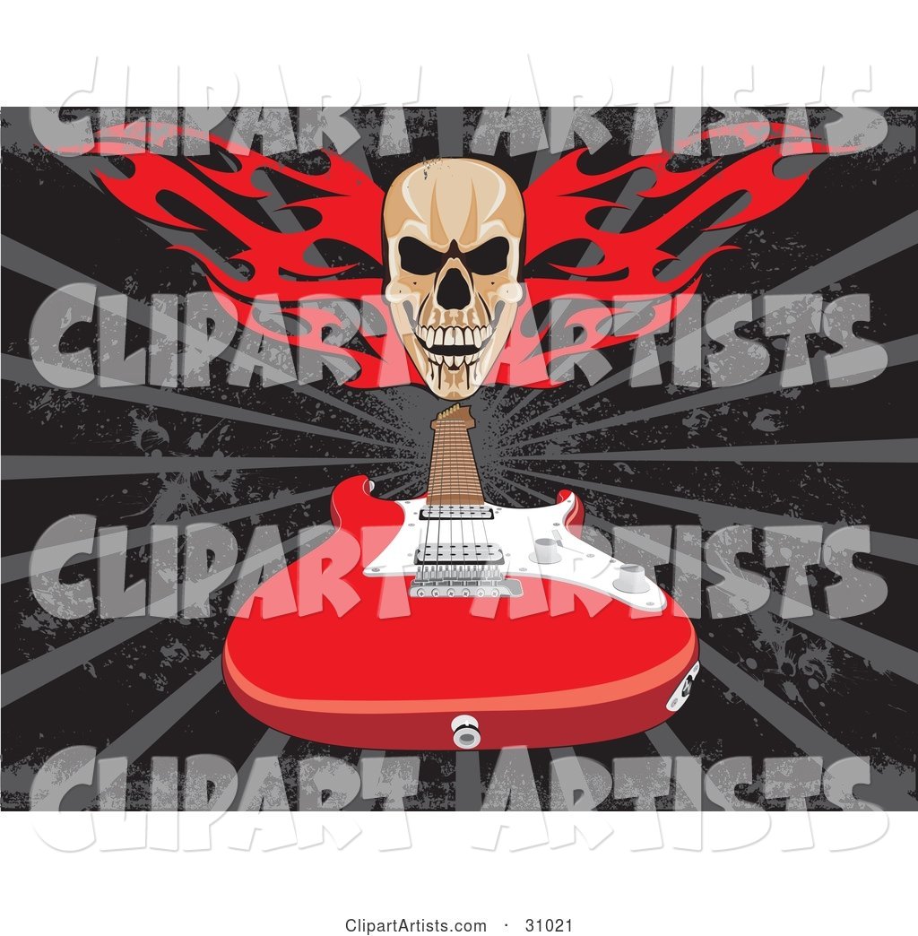 Skull with Red Flames over a Red Electric Guitar on a Gray and Black Background