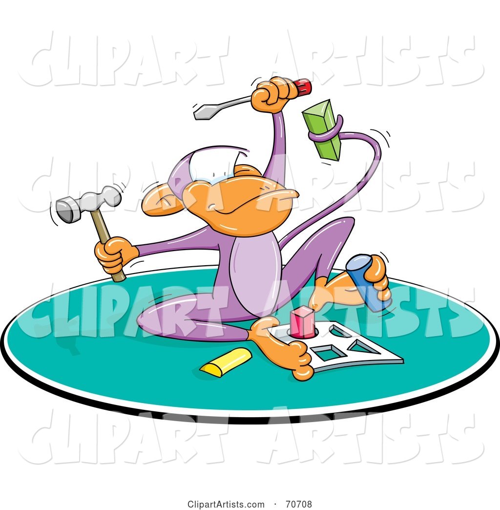 Smart Monkey Holding Tools and Doing a Puzzle
