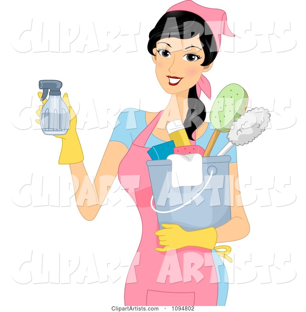 Smiling Woman Holding a Spray Bottle and Spring Cleaning Supplies