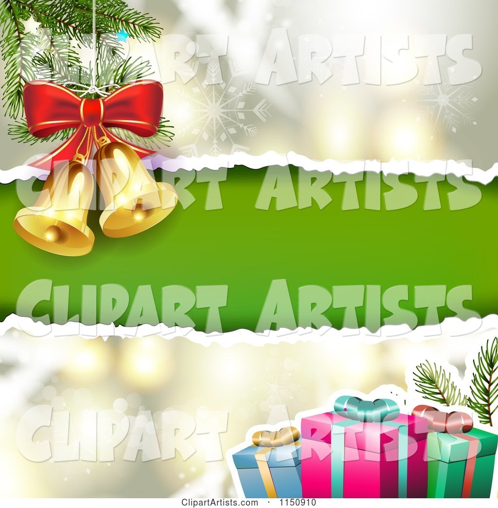 Snowflake Christmas Background with Torn Green Paper Copyspace Gifts and Bells
