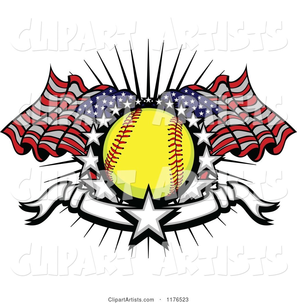 Softball with American Flags Stars and a Banner