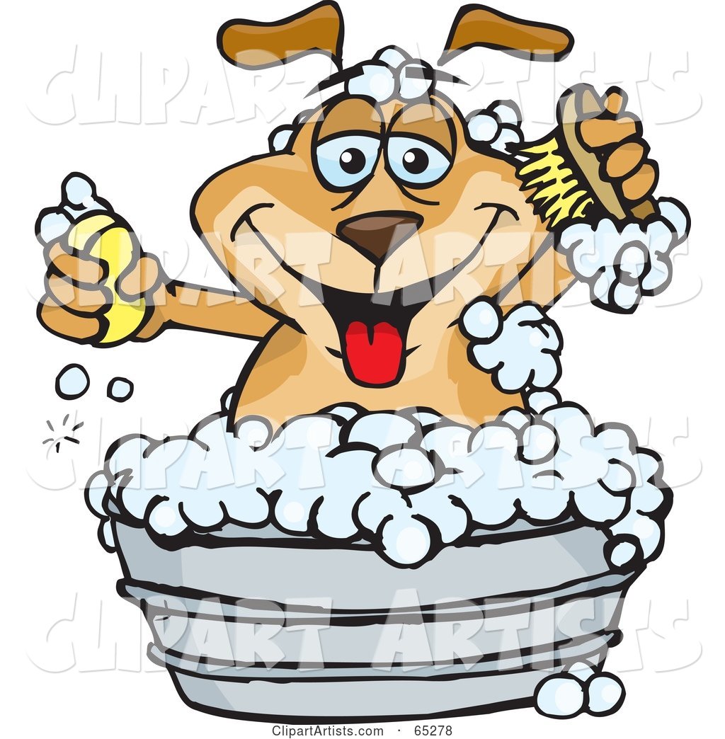 Sparkey Dog Holding a Scrub Brush and Bar of Soap While Bathing in a Metal Tub