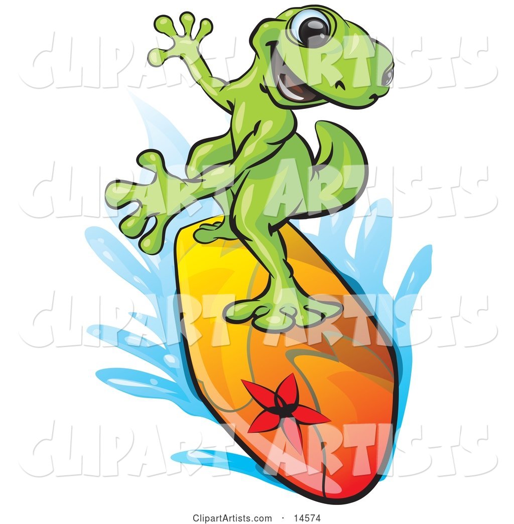 Sporty Green Gecko Riding a Colorful Surfboard and Rushing Through Blue Water