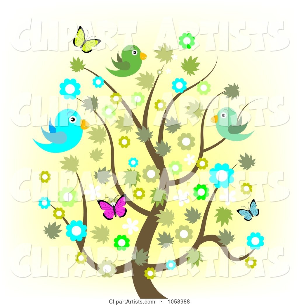 Spring Tree with Flowers, Butterflies and Birds