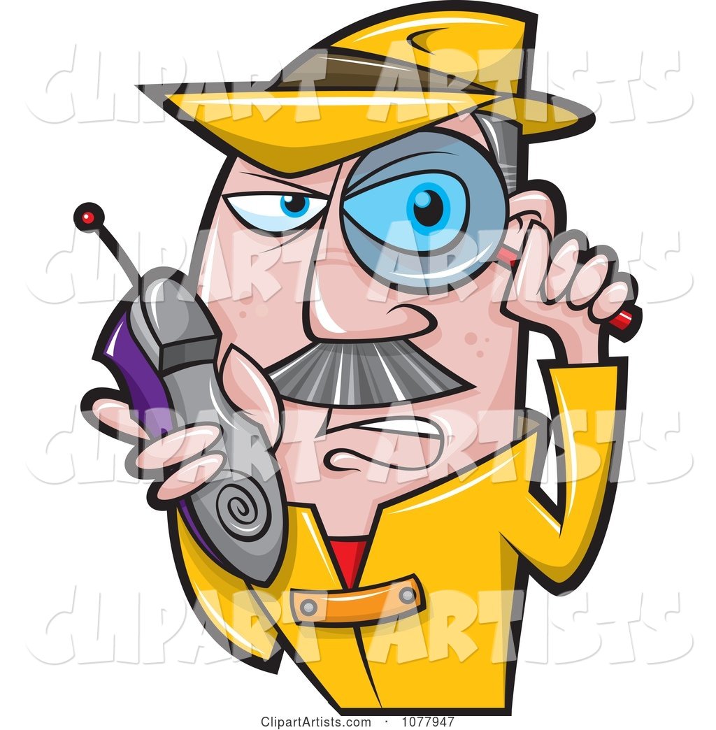 Spy Holding a Magnifying Glass and Shoe Phone