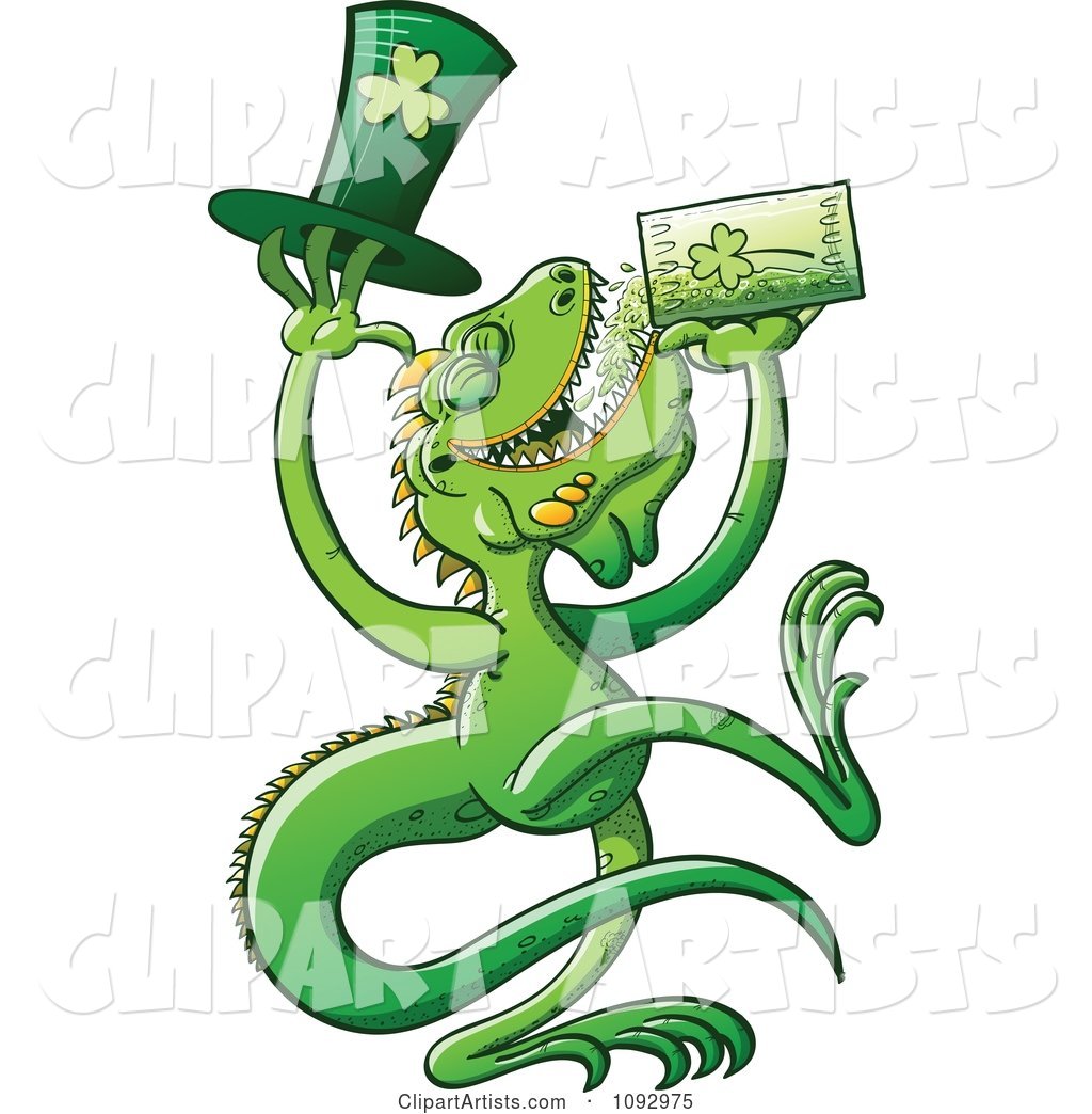 St Patricks Day Iguana Drinking Green Beer