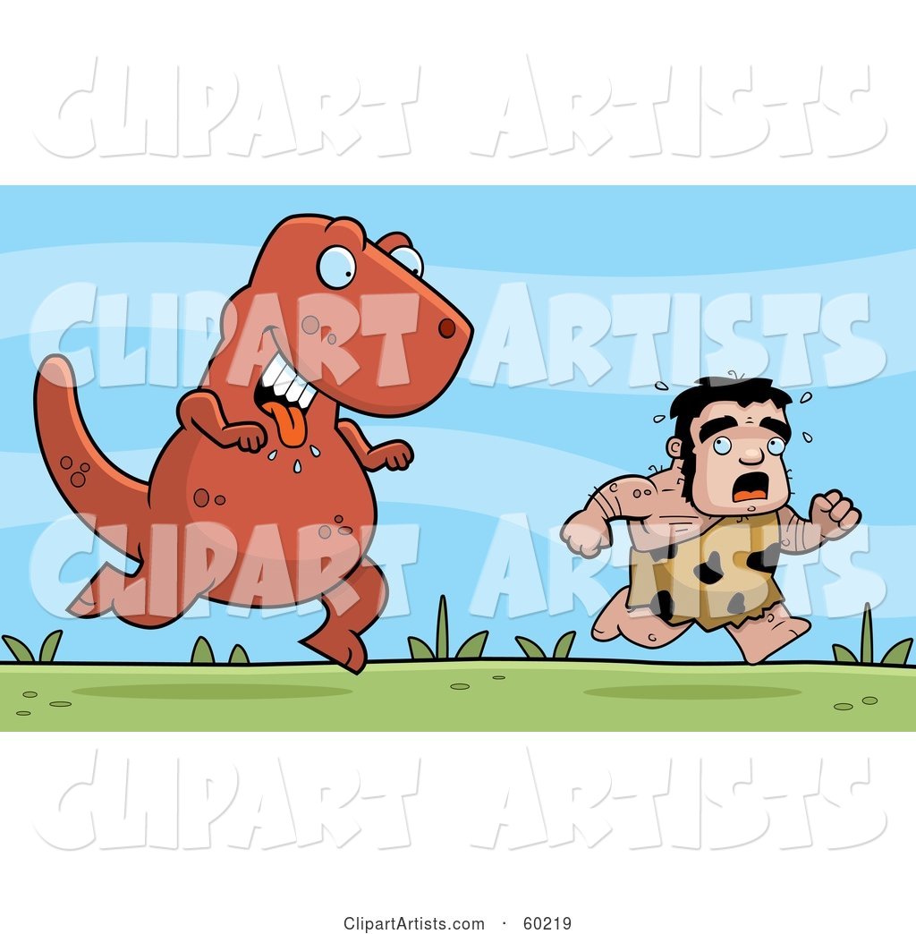 Stalky Caveman Character Being Chased by a Big Dinosaur