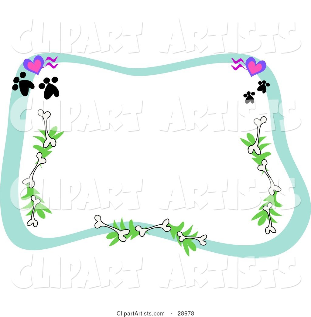 Stationery Border of Hearts, Paw Prints, Bones and Branches Framing a White Background