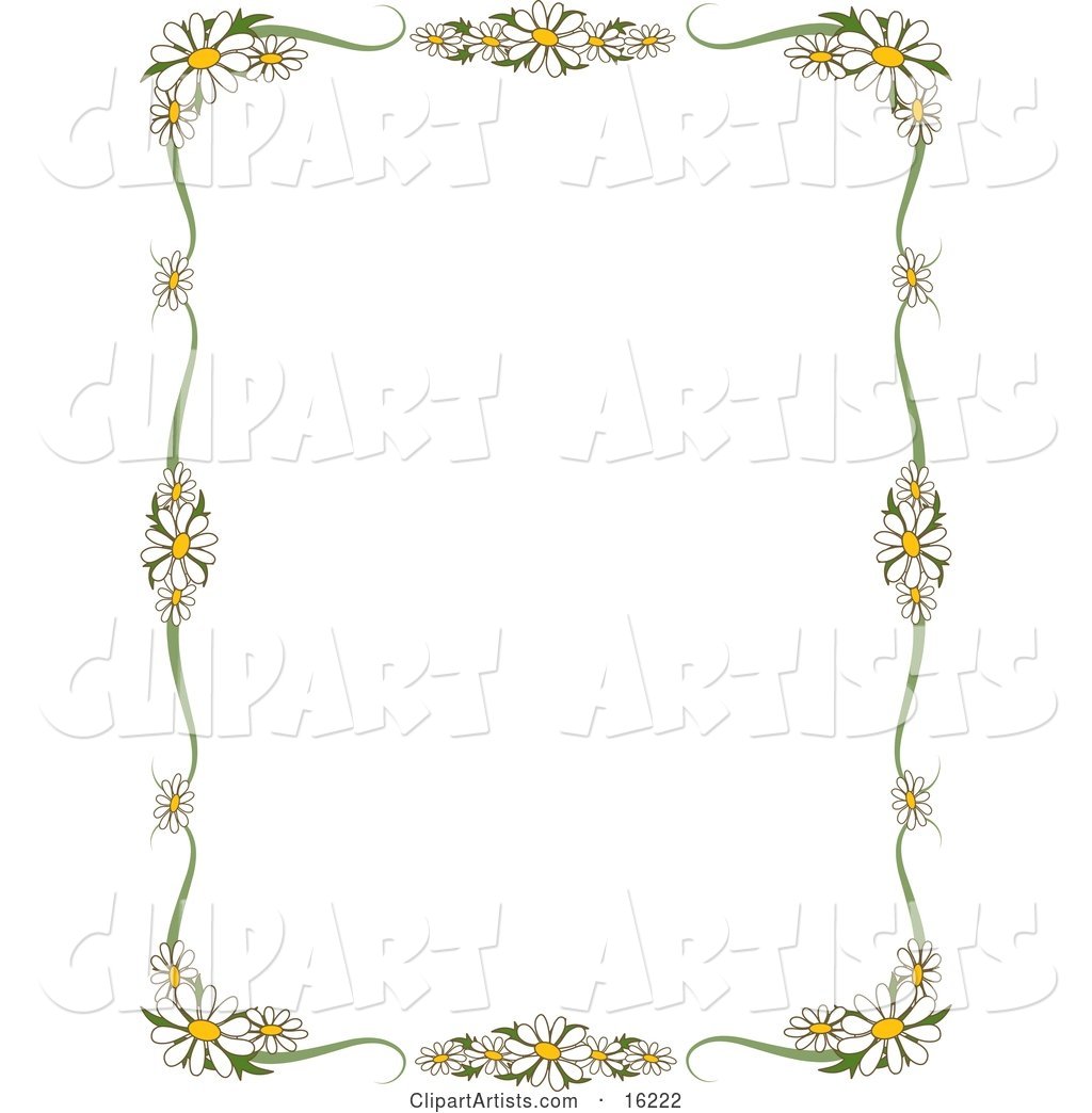 Stationery Border of White Daisy Flowers with Yellow Centers Framing a White Background