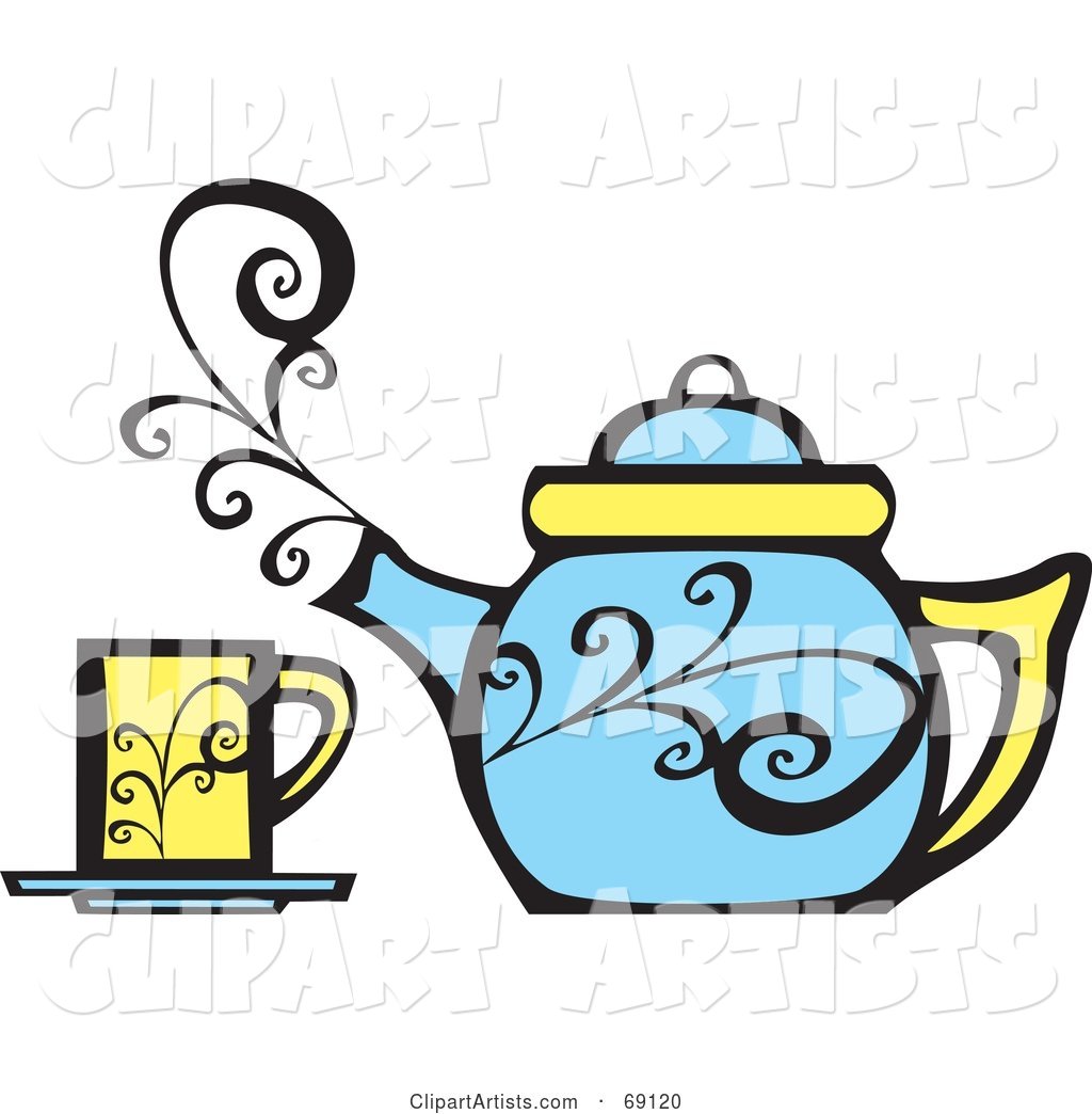 Steamy Blue Tea Pot by a Yellow Cup