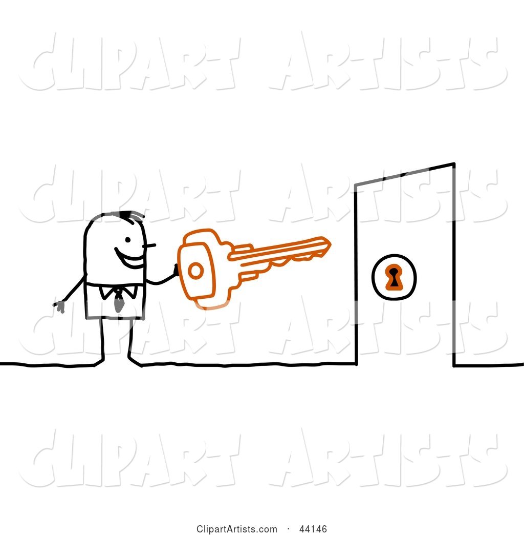 Stick Businessman Holding a Key in Front of a Locked Door