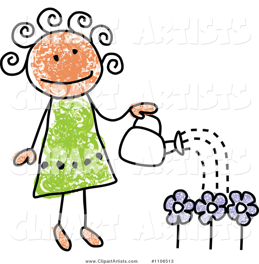 Stick Drawing of a Happy Girl Watering Flowers in Her Garden
