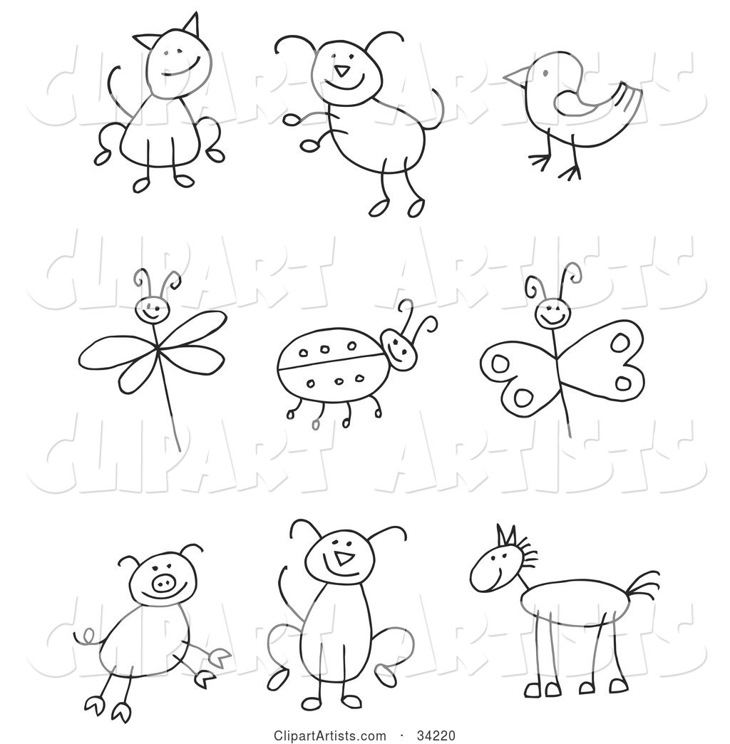 Stick Figure Cat, Dog, Bird, Dragonfly, Ladybug, Butterfly, Pig, Pupy and Horse