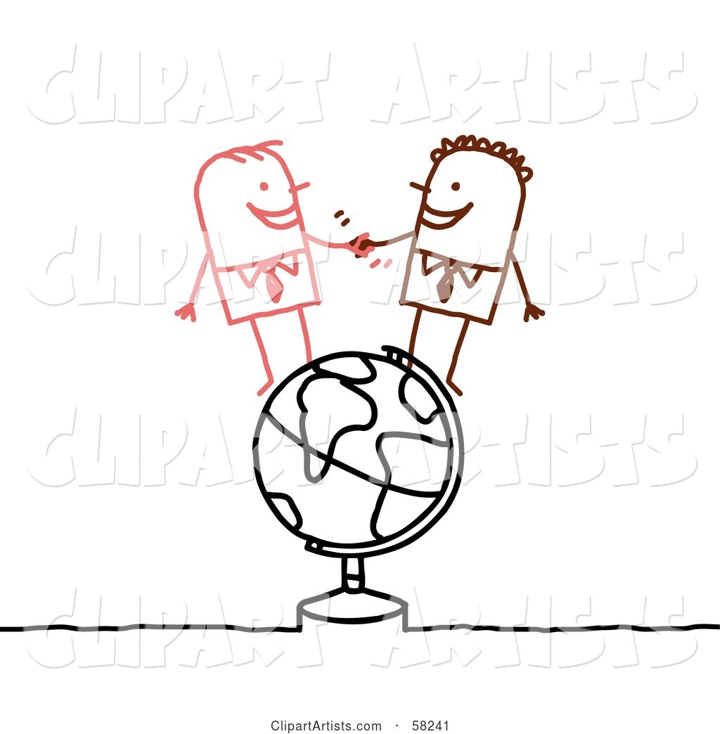 Stick People Character Businessmen Shaking Hands on a Globe