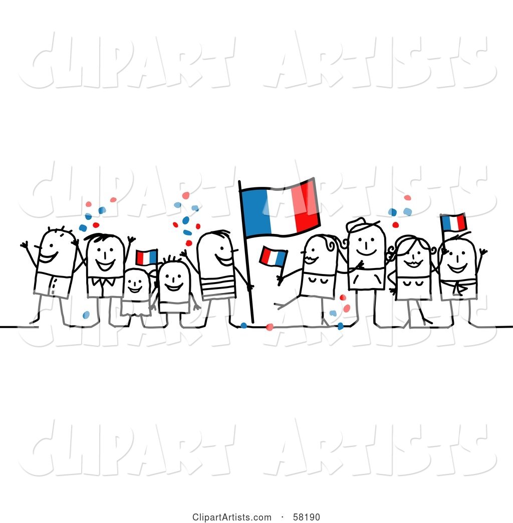 Stick People Character Crowd Celebrating with France Flags