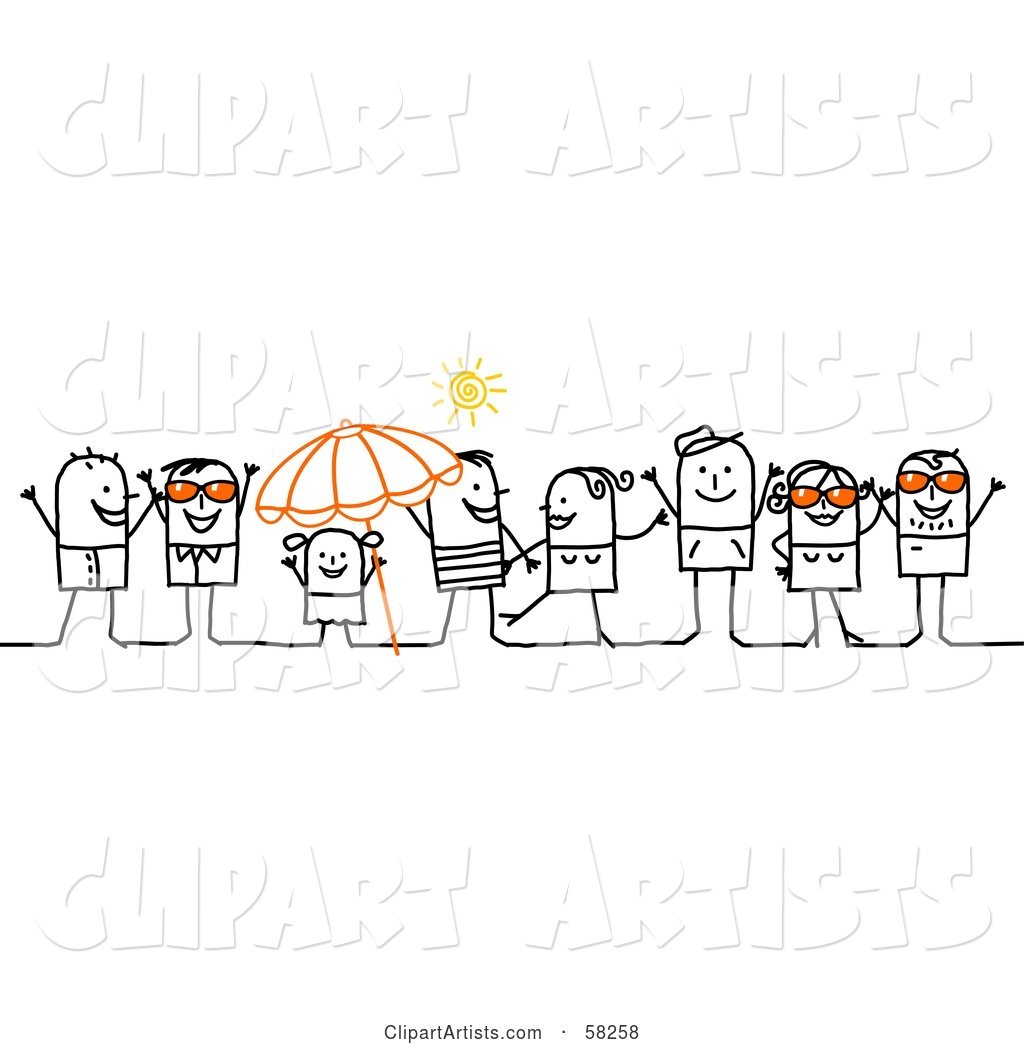 Stick People Character Crowd Wearing Sunglasses and Hanging out on a Beach