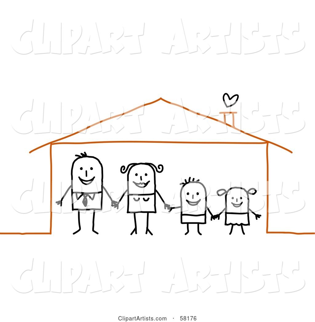 Stick People Character Family Holding Hands in Their Home