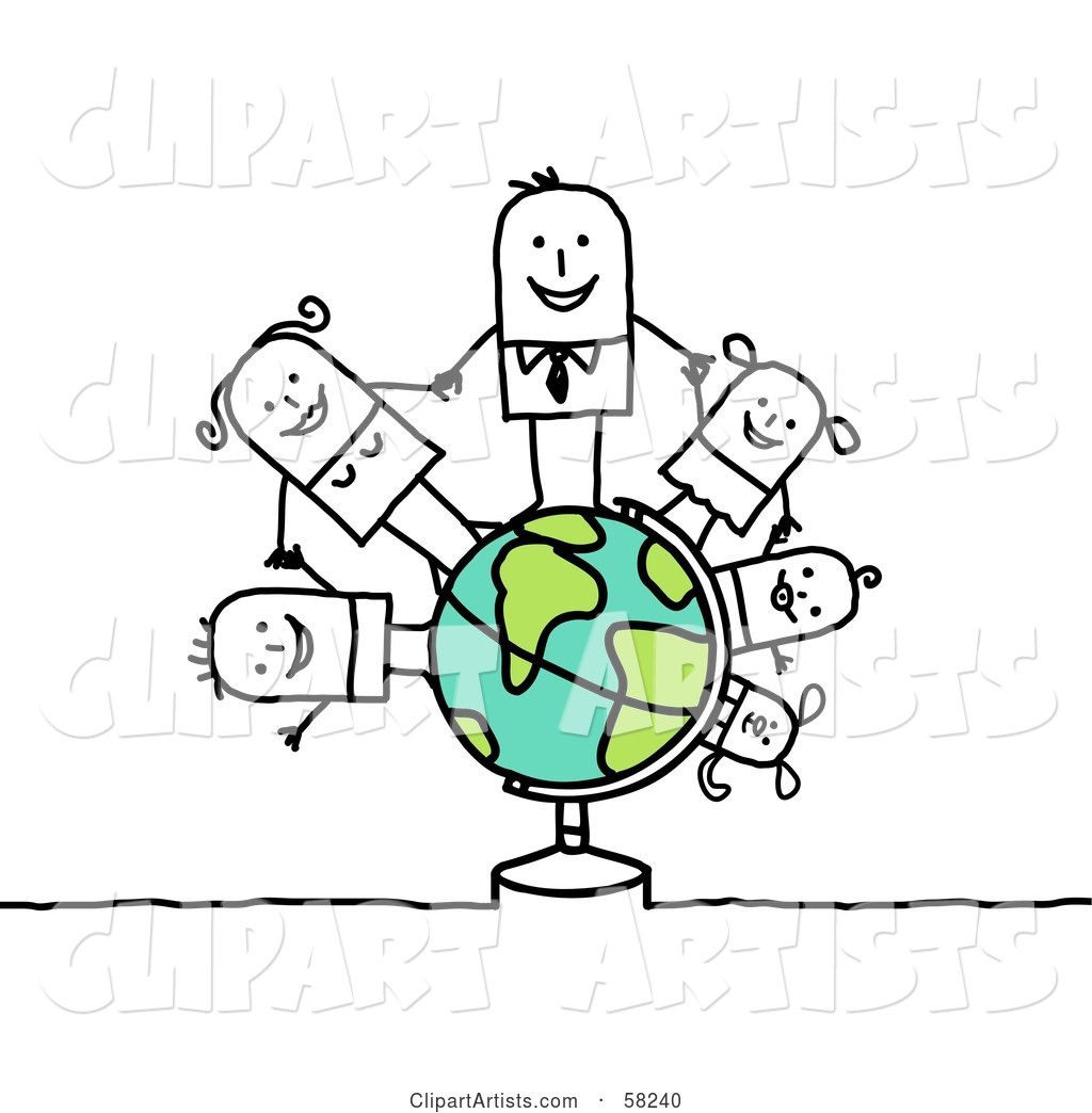 Stick People Character Family Holding Hands on a Globe
