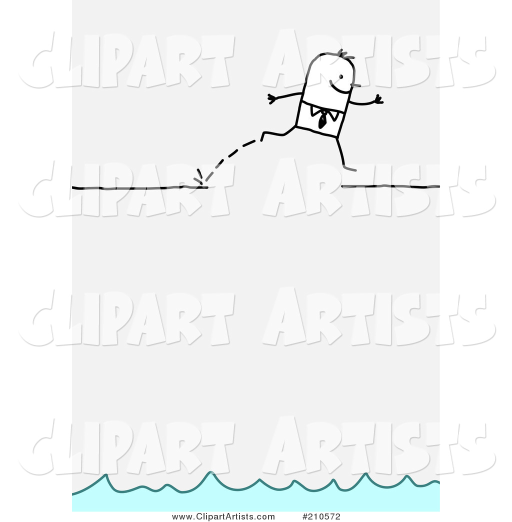 Stick Person Business Man Leaping over a Broken Ledge Above Water