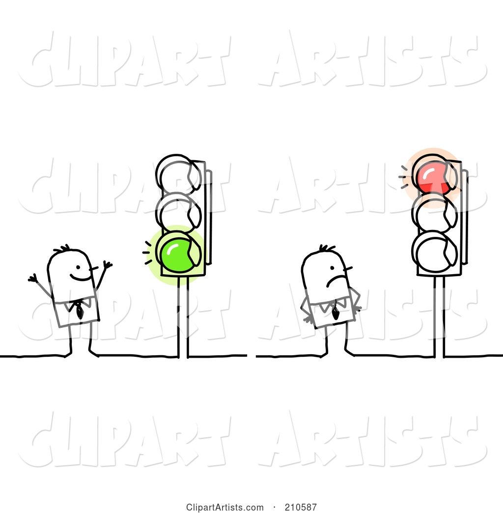 Stick Person Business Men Looking at Red and Green Lights