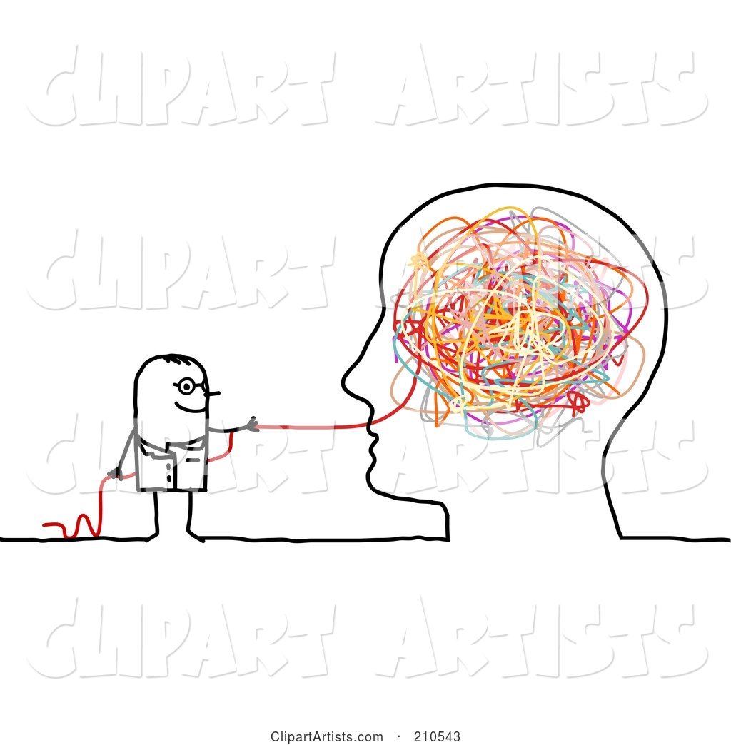 Stick Person Man Doctor Pulling Strings from a Brain
