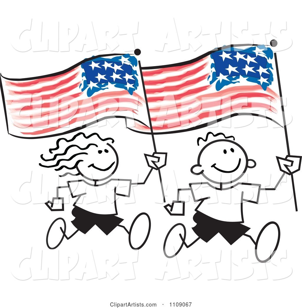 Sticker Kids Running with American Flags