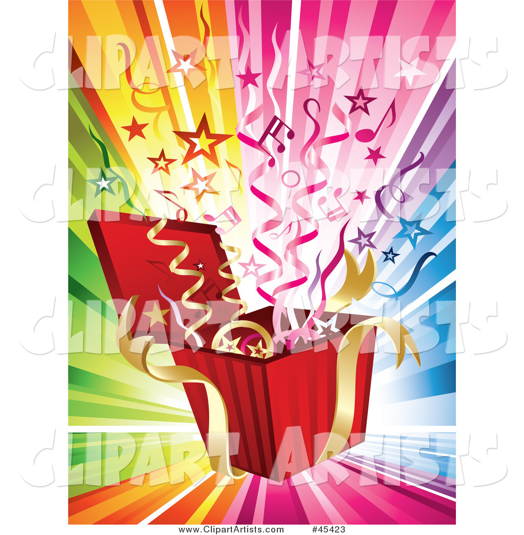 Streamers, Stars and Music Notes Bursting from a Present on a Rainbow Background