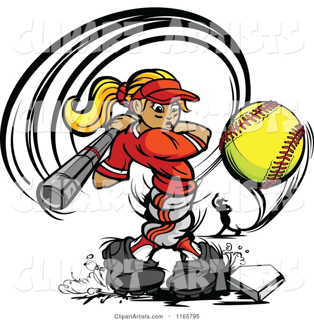 Strong Female Baseball Player Swinging and Hitting a Softball