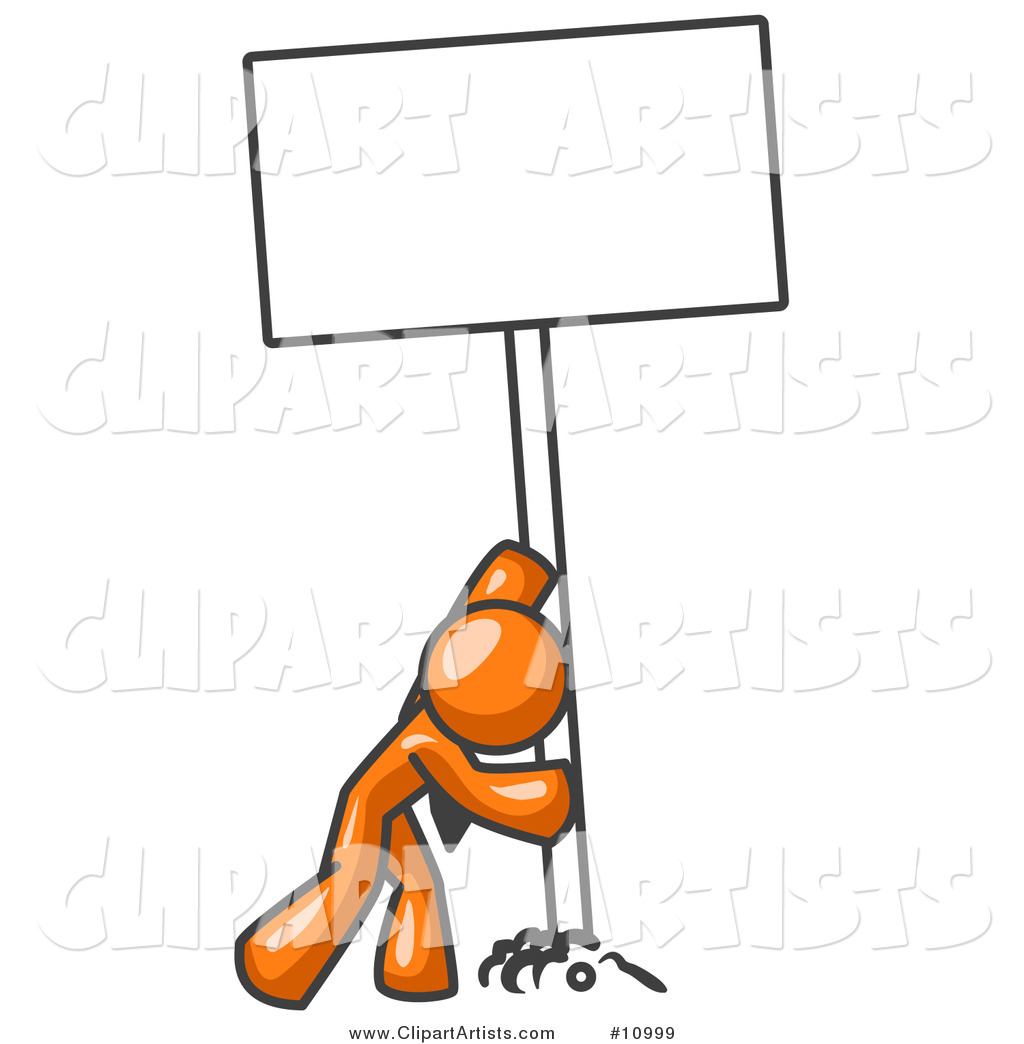 Strong Orange Man Pushing a Blank Sign Upright