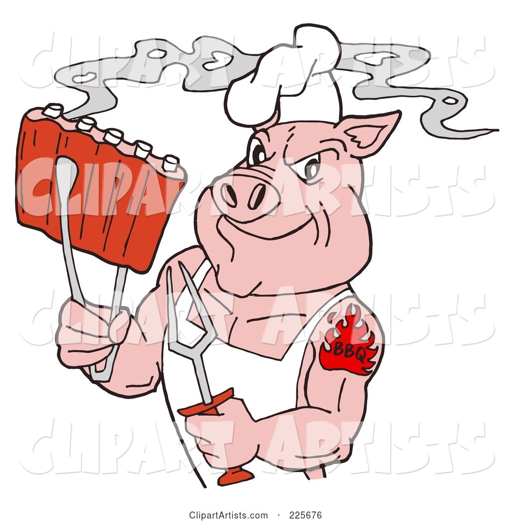 Strong Tattooed Chef Pig Holding Steamy Ribs