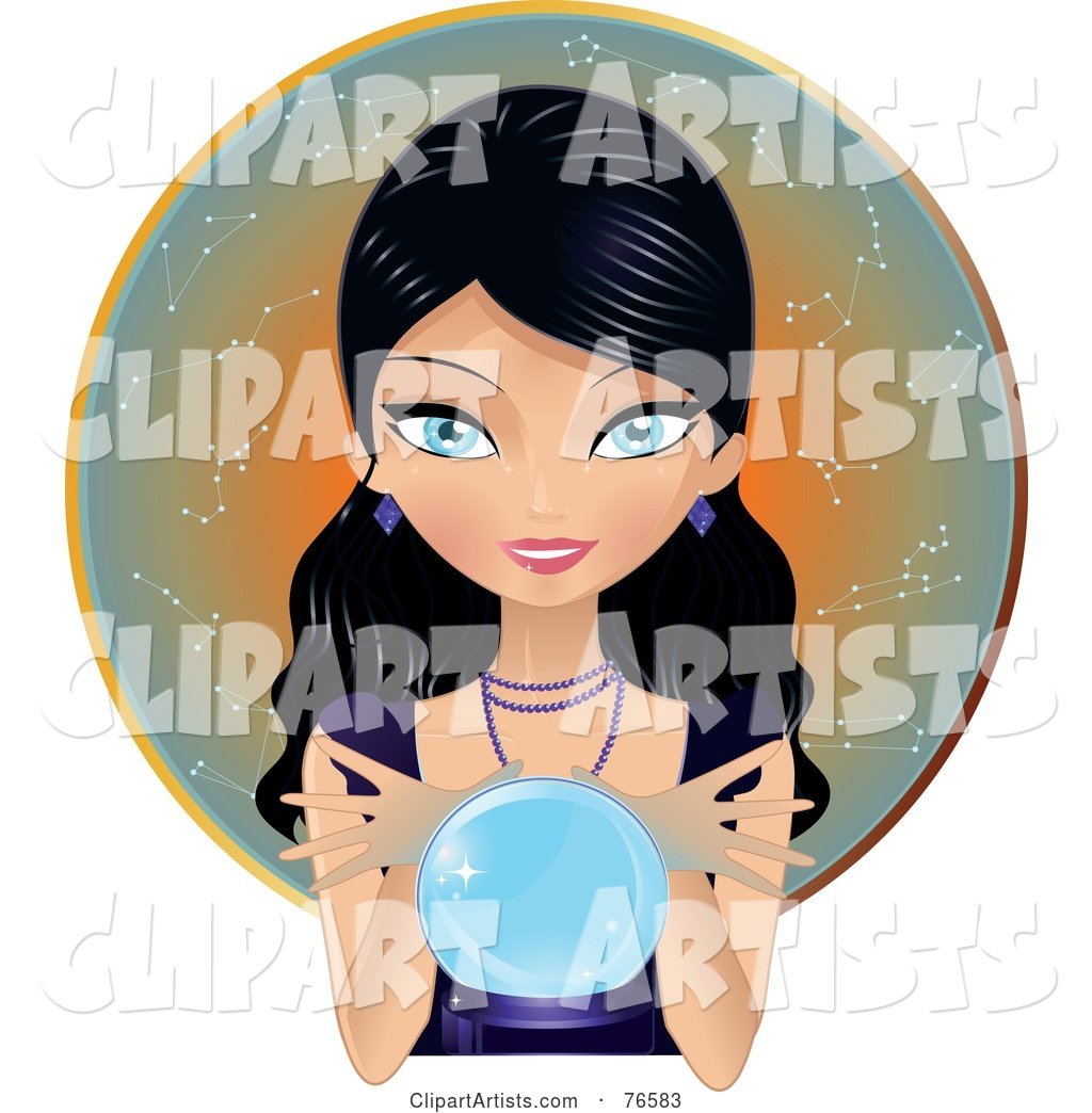 Stunningly Beautiful Black Haired, Blue Eyed Gypsy Woman Telling the Future with a Crystal Ball