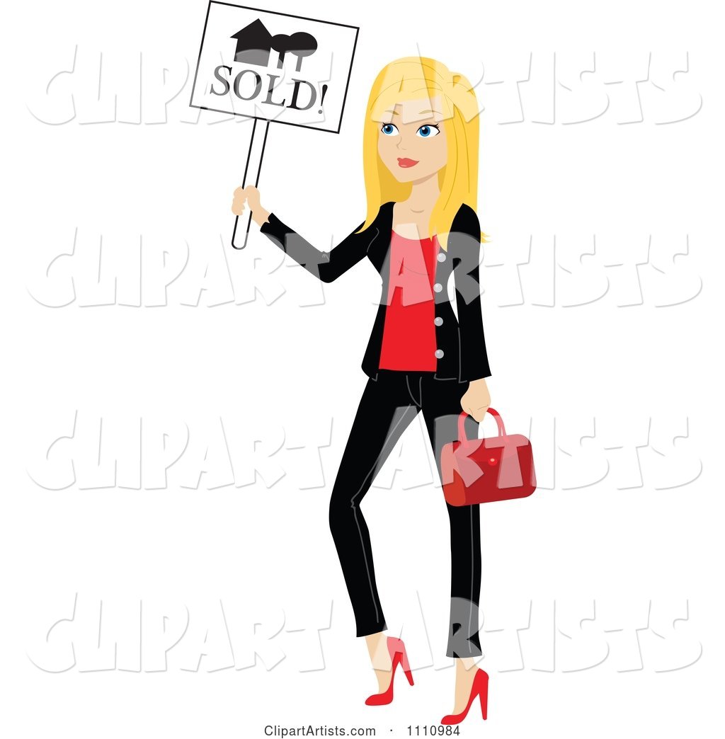 Stylish Blond Real Estate Agent Holding a Sold Sign