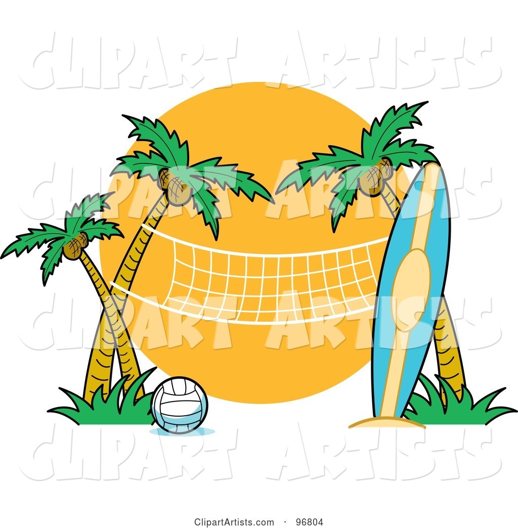 Surfboard Leaning Against a Palm Tree near a Beach Volleyball Net