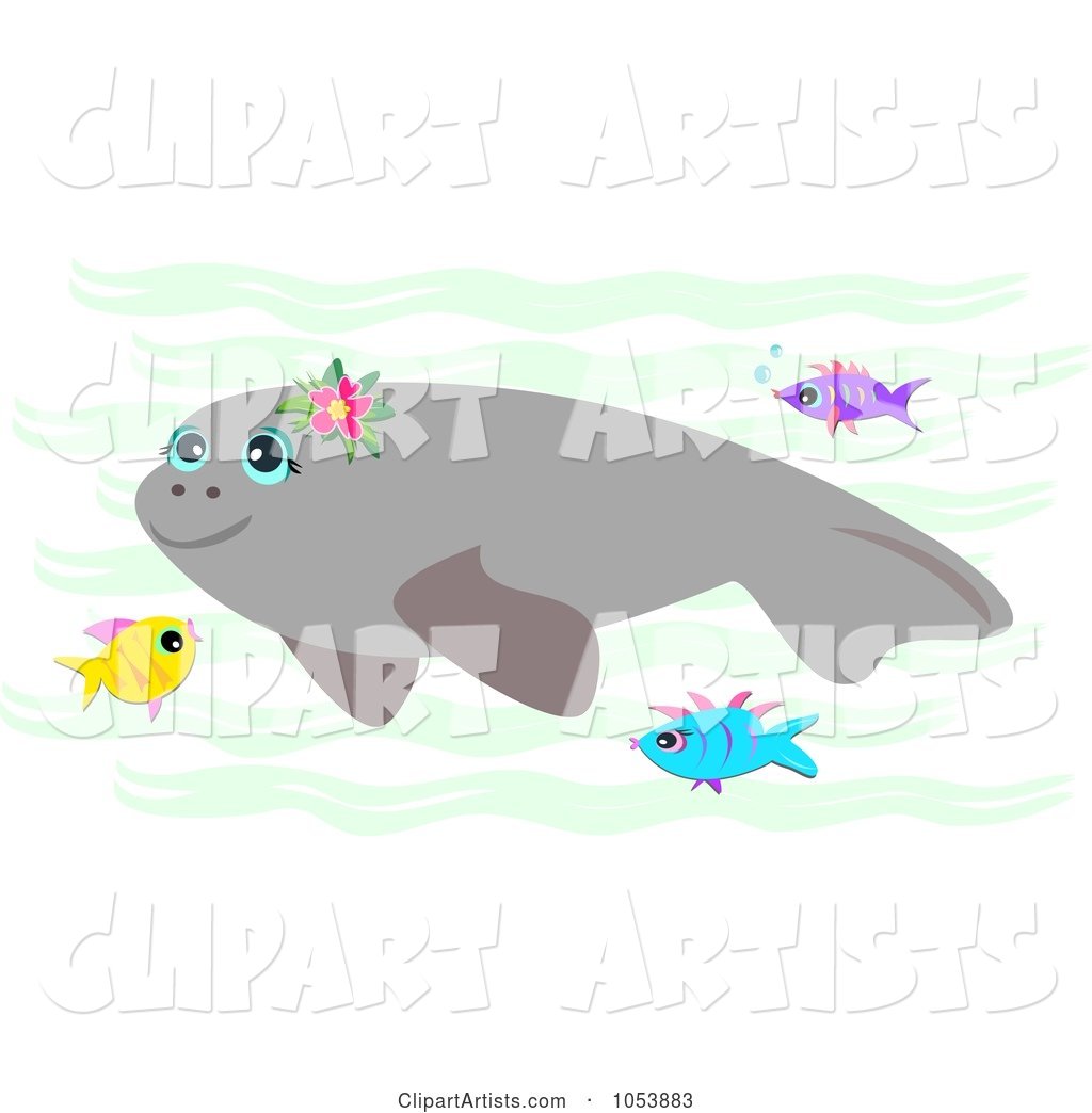 Swimming Manatee and Fish